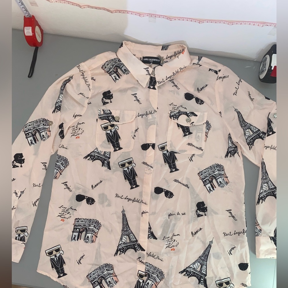 Karl Lagerfeld Paris Long Sleeve Blouse Pink Eiffel Tower Top Women's Size L - Picture 7 of 15